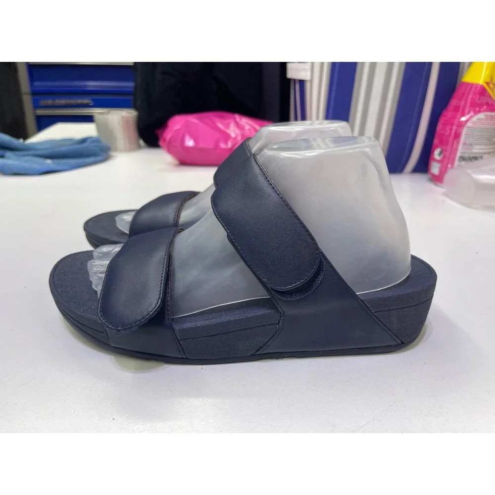 FitFlop Lulu Navy Blue Leather Adjustable Slide Sandals Microwobbleboard FVS-399
